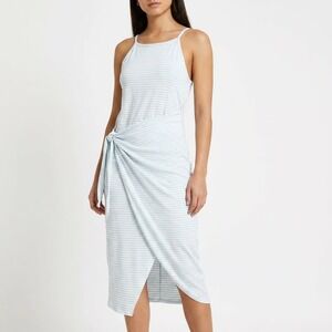 Chic Style Blue White Striped Wrap Midi Dress Sleeveless High Neck Large